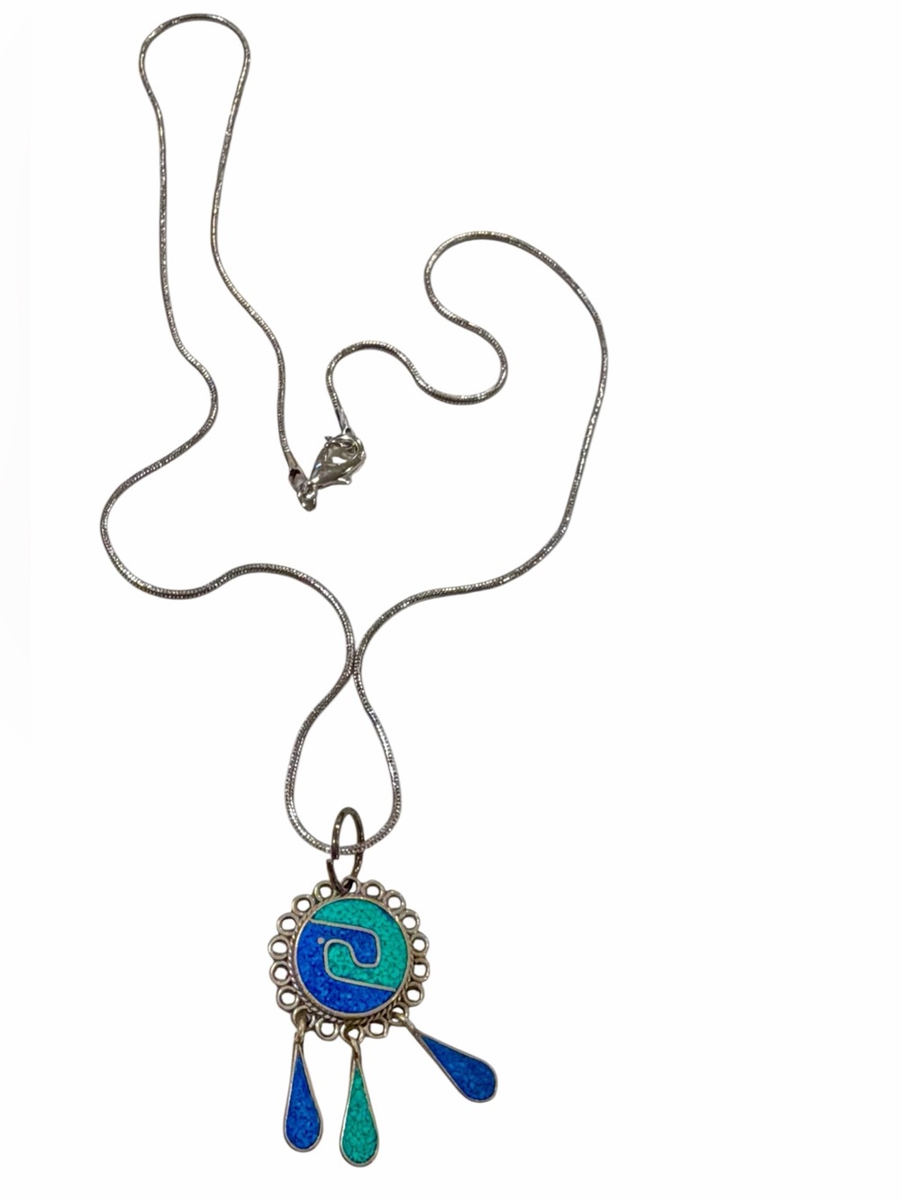 Vintage Mexican Alpaca Mosaic Inlay Dangle Pendant w/20" Silver-Tone Chain